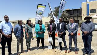 WALVIS BAY, 10 October 2024 - Deputy Minister of Works and Transport Veikko Nekundi, Erongo Governor Neville Andre Itope and Walvis Bay Mayor Trevino Forbes photographed with other stakeholders at the groundbreaking ceremony of the rehabilitation project of access roads at Walvis Bay. (Photo by: Isabel Bento) NAMPA