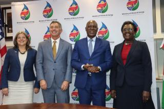 WINDHOEK, 10 October 2024 - Minister of Mines and Energy, Tom Alweendo; his deputy, Kornelia Shilunga and United States Ambassador, Randy Berry pictured at the signing of Memorandum of Understanding on development of clean energy. (Photo: Contributed)