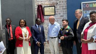 SWAKOPMUND, 11 October 2024 - Erongo Governor Neville Andre Itope, Swakopmund Mayor and Deputy Mayor Dina Namubes and David Am-!Gabeb, German Ambassador to Namibia Dr Thorsten Hutter and Founder of the Tangeni Shilongo Namibia Foundation Volkan Sazli at the inauguration of the Tangeni Shilongo Namibia (TSN) Open Doors Education Centre (ODEC) in Swakopmund. (Photo by: Isabel Bento) NAMPA