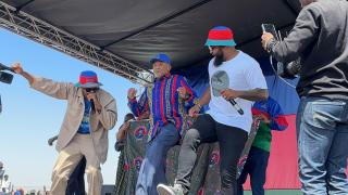 SWAKOPMUND, 20 October 2024 - President Nangolo Mbumba dancing alongside local artist Lazarus “Gazza” Shiimi at a Swapo Party Star Rally held at Swakopmund on Sunday. (Photo by: Isabel Bento) NAMPA