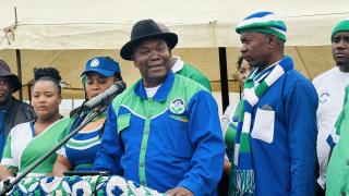 SWAKOPMUND, 26 October 2024 - United Democratic Front (UDF) President Hendrik Gaobaeb addressing the party’s Erongo Regional Star Rally held at Swakopmund’s DRC’s sports field on Saturday. He is accompanied by some of the party’s regional and local leadership. (Photo by: Isabel Bento) NAMPA