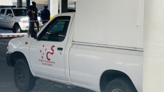 SWAKOPMUND, 28 October 2024 - The vehicle belonging to Southern Cross Security Services, which employed the security guard who was shot during a robbery at Platz Am Meer Mall in Swakopmund on Monday. Another security guard was injured during the confrontation. (Photo by: Isabel Bento) NAMPA