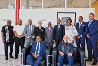 Windhoek, 14 November 2024- The Director of FIC Bryan Eiseb and Governor of Bank of Namibia Johannes !Gawaxab pictured alongside others at the FIC press release.
(Photo: Contributed)