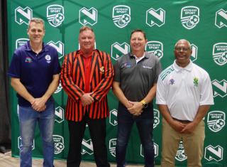 WINDHOEK, 16 November 2024 - From left to right - South Africa A Team Captain Russell Bennett, Zimbabwe's Captain Darell Goodwin, Namibian Captain Dawie Hartzenberg, and South Africa Proteas Captain Mario Solomons, pose for a photo at the Over 50's Africa Cup Cricket Tournament launch in Windhoek. (Photo by: Hesron Kapanga) NAMPA