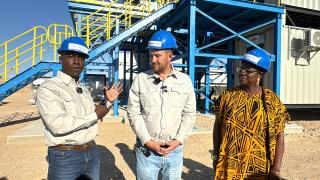 ARANDIS, 19 November 2024 - Minister in the Presidency Christine //Hoebes, Green Hydrogen Commissioner James Mnyupe and co-founder of HyIron-Oshivela Johannes Michels pictured during a site visit to the green iron plant in Arandis. (Photo by: Isabel Bento) NAMPA