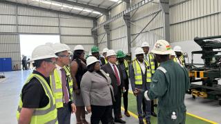 WALVIS BAY, 21 November 2024 - Minister of Industrialisation and Trade Lucia Iipumbu, Erongo Governor Neville Andre Itope, U.S. Ambassador to Namibia Randy Berry, Baker Hughes Executive Vice President of Oilfield Services and Equipment Amerino Gatti, and other dignitaries tour the first-ever liquid mud plant factory in Walvis Bay. (Photo by: Isabel Bento) NAMPA