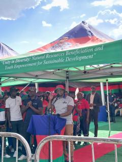 WINDHOEK, 24 NOVEMBER 2024-  Dimbulukweni Nauyoma speaking at Swapo star rally on Sunday at the Sam Nujoma stadium. 
(Photo: Melissa //Hoebes)