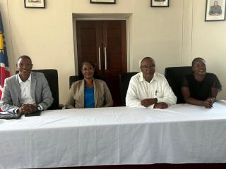 KATIMA MULILO, 04 December 2024 -  Swapo party’s Simatta Mubonda (left) was sworn in and retained his title as Chairperson of the Bukalo Village Council. He will be deputised by Anoscah Mutumuswano. Other members in the photo includes Popular Democratic Movement (PDM)’s Lawrence Mukena and Judith Mwilima. 
(Photo: Contrbuted) NAMPA
