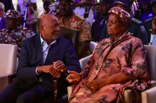 WINDHOEK, 03 December 2024 - President Nangolo Mbumba congratulates Netumbo Nandi-Ndaitwah, president-elect of Namibia, after the announcement of the 2024 election results. (Photo by: Hesron Kapanga) NAMPA