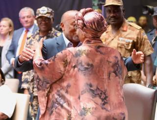 WINDHOEK, 03 December 2024 - President Nangolo Mbumba congratulates president-elect Netumbo Nandi-Ndaitwah after the ECN announced that she was the winning presidential candidate in the 2024 elections. (Photo by: Hesron Kapanga) NAMPA