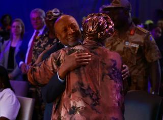 WINDHOEK, 03 December 2024 - President Nangolo Mbumba congratulates president-elect Netumbo Nandi-Ndaitwah after the ECN announced that she was the winning presidential candidate in the 2024 elections. (Photo by: Hesron Kapanga) NAMPA