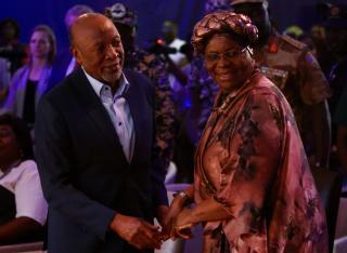 WINDHOEK, 03 December 2024 - President Nangolo Mbumba (L) congratulates president-elect Netumbo Nandi-Ndaitwah after the ECN announced that she was the winning presidential candidate in the 2024 elections. (Photo by: Hesron Kapanga) NAMPA