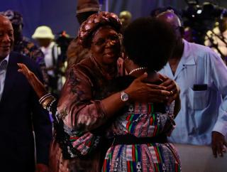 WINDHOEK, 03 December 2024 - Swapo Party secretary general Sophia Shaningwa (R) congratulates president-elect Netumbo Nandi-Ndaitwah after the ECN announced that she was the winning presidential candidate in the 2024 Presidential Elections. (Photo by: Hesron Kapanga) NAMPA