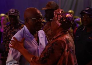 WINDHOEK, 03 December 2024 – President-elect Netumbo Nandi-Ndaitwah pictured with her spouse Epaphras Denga Ndaitwah, former Namibian Defence Force chief, after the announcement of the election results. (Photo by: Hesron Kapanga) NAMPA