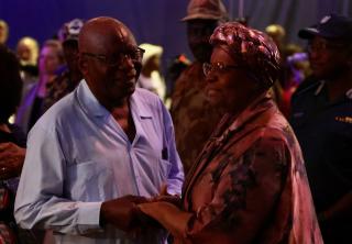 WINDHOEK, 03 December 2024 – President-elect Netumbo Nandi-Ndaitwah pictured with her spouse Epaphras Denga Ndaitwah, former Namibian Defence Force chief, after the announcement of the election results. (Photo by: Hesron Kapanga) NAMPA