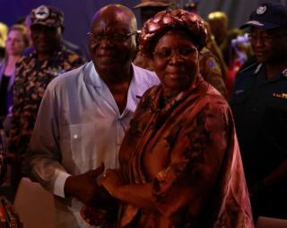 WINDHOEK, 03 December 2024 – President-elect Netumbo Nandi-Ndaitwah pictured with her spouse Epaphras Denga Ndaitwah, former Namibian Defence Force chief, after the announcement of the election results. (Photo by: Hesron Kapanga) NAMPA