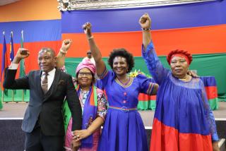 WINDHOEK, 05 December 2024, Swapo party women council members Bennardete Jagger (L) secretary Fransina Kahungu (M) Eunice Ipinge , a party gentleman at the recent press conference in Windhoek after elections results announcement last week Tuesday. (Photo by: Linea Dishena) NAMPA