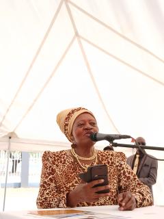 Windhoek, 10 December 2024 - Rosa Namises delivering a poem at the commemoration of the International Human Rights and Namibian Women's Day on Tuesday at the old location cemetery.
(Photo: Melissa //Hoebes)