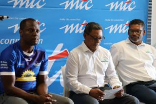 WINDHOEK, 11 December 2024 - From left: MTC’s Tim Ekandjo with NRU’s Vice-President Christian Windvogel and NRU President John Heynes (Photo: Andreas Thomas) NAMPA
