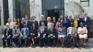 WALVIS BAY, 11 December 2024 - Fisheries and Marine Resources Minister Derek Klazen, Erongo Governor Neville Andre Itope, Norway’s Special Envoy for the Ocean Panel Georg Børsting, Palau’s Ocean Panel representative Ilana Seid, other country representatives and ministry representatives attending the 3-day 38th High-Level Ocean Panel on Sustainable Ocean Economy in Walvis Bay. (Photo by: Isabel Bento)NAMPA