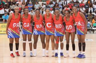 SWAKOPMUND, 12 December 2024 - From left to right Louise Kausembe, Anna Kasper, Imbileni Frans, Monica Gomases, Grace Matjayi, Loide Hanyaya, and Cornelia Mupenda the Namibian Debmarine Desert Jewels starting team against Zimbabwe at the Africa Netball Cup 2024 at the Dome in Swakopmund. (Photo by: Hesron Kapanga) NAMPA