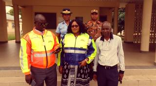 KATIMA MULILO, 18 December 2024 - Zambezi Regional Police Commander, Commissioner Andreas Shilelo pictured shortly after the parade (back row). In this photo he is pictured with Katima Mulilo Mayor John Ntemwa, Katima Mulilo Town Councillor Christina Simanga, Regional Turn-back Crime Ambassador Abel Mubu and Deputy Commissioner Magdalena Garises.
