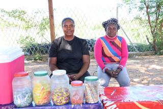 TSINTSABIS, 16 January 2025: Residents of the Guinas Constituency are demanding access to electricity, a supermarket, and open markets ahead of the by-elections on Friday. Vendors Uuyunikevi Nashikaku (L) and Heraria Hambudi (R) are hoping to see an open market constructed in the area. (Photo by: Linea Dishena) NAMPA