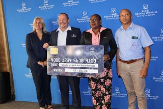 SWAKOPMUND, 21 January 2025 - Rössing Uranium Mine Managing Director Johan Coetzee photographed with Erongo Regional Director Anna Jonas and NIMT Executive Director Ralph Bussel at the donation handover of N.dollars 1.25 million to the ministry of health in the region. (Photo by: Isabel Bento) NAMPA