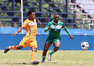 OSHAKATI, 01 February 2025 -  Hamidu Yakubu (left) and Erastus Joseph in action during round eight of the MTC Maris Cup against Young Africans at the Oshakati Independence Stadium. (Photo by: Hesron Kapanga) NAMPA