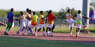 OSHAKATI, 01 January 2025 - UNAM FC football player celebrating their win against Blue Waters during the quarterfinals of the MTC Maris Cup at the Oshakati Independence Stadium. (Photo by: Hesron Kapanga) NAMPA