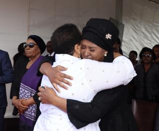 WINDHOEK, 04 February 2025 - An emotional former First Lady Monica Geingos embraces First Lady Sustjie Mbumba during the Remembrance Day event held in honour of the late President Hage Geingob. (Photo by: Linea Dishena) NAMPA  