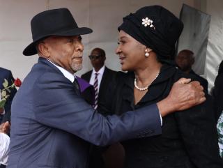 WINDHOEK, 04 February 2025- President Nangolo Mbumba embracing Former First Lady Monica Geingos during the remembrance ceremony of late President Hage Geingob. (Photo by: Linea Dishena) NAMPA  