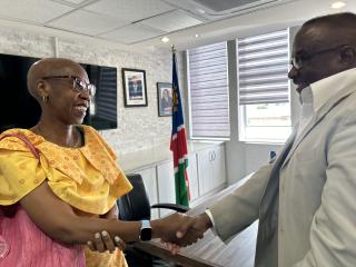 WINDHOEK, 05 FEB (NAMPA)-UN Country Representative Hopolang Phororo and Fromer Refugee association President Matheus Nangolo. (Photo by: Eba Kandovazu)