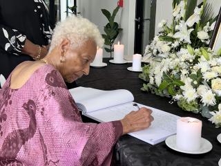 WINDHOEK, 14 February 2025 - Joan Guriras, widow of the late Theo-Ben Gurirab, visiting the residence of the late Founding President Sam Nujoma to pay her respects and sign the book of condolences. (Photo by: Chelva Wells) NAMPA 