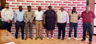 WINDHOEK, 18 February 2024 - Namibian Spar 10km run organisers and members of the Ministry of Sport, Youth and National Service pose for a photo during the launch of the 2025 edition of the 10km Spar Run in Namibia, Windhoek. (Photo by: Hesron Kapanga) NAMPA