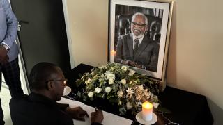 SWAKOPMUND, 19 February 2025 - Erongo Governor Neville Andre Itope signing the book of Condolences opened at the office of the Governor on Wednesday. (Photo by: Isabel Bento) NAMPA