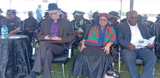 MARIENTAL, 23 February 2025 (NAMPA) - Bishop Zephania Kameeta (L) and Deputy minister of Home Affairs, Immigration, Safety and Security, Lucia Witbooi at the Hardap memorial service of Founding President Sam Nujoma hosted in Mariental's Persianer Stadium.
(Photo by: Charmaine Boois) NAMPA