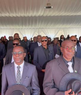 KATIMA MULILO, 23 February 2025 - Minister of Urban and Rural Development, Erastus Uutoni represented President Nangolo Mbumba as the chief mourner in the Zambezi Region. He is pictured here with the Governor of Zambezi, Lawrence Sampofu at the regional memorial service of Founding President Sam Nujoma at Katima Mulilo. (Photo by: Edward Tenete) NAMPA 