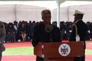 WALVIS BAY, 25 February 2025 - Retired politician and representative of the Chief Mourner Ben Amathila speaking at Walvis Bay during the memorial service held in the honour of the late founding president Sam Nujoma who died on 08 February. (Photo by: Isabel Bento) NAMPA