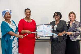 Windhoek, 12 March 2025- Khomas Region Governor, Laura McLaudia-Katjirua (L),  Head of UNESCO to Namibia, Eunice Smith (M), Minister of Education, Arts and Culture, Anna Nghipondoka (M) and Ministry Education, Arts and Culture Executive Director, Sanet Steenkamp (R) during the launch of the ICT Transforming Education in Africa. (Photo: Contributed) NAMPA  