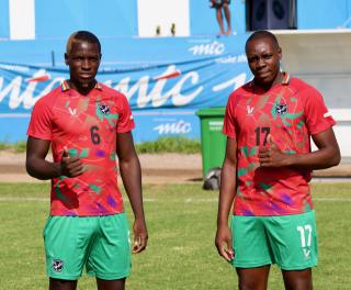 WINDHOEK, 12 March 2025 - Brave Warriors debutants Sisqo Haraseb (L) of Mighty Gunners, and Wiseman Lifasi of Julinho Athletics pictured during a training camp at the CBS training ground, ahead of the  2026 FIFA World Cup qualifiers against Malawi and Equatorial Guinea on 20 and 24 March 2025. (Photo by: Hesron Kapaga) NAMPA
