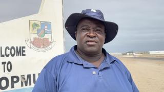 SWAKOPMUND, 14 March 2025 - Executive Director of Intergrated Rural Development and Nature Conservation (IRDNC) John Kasaona speaking to NAMPA at the completion of the 360-kilometre walk from Windhoek to Swakopmund on Friday. The walk aimed at raising awareness on human-elephant conflict and advocating for sustainable coexistence between communities and wildlife. (Photo by: Isabel Bento) NAMPA