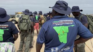 SWAKOPMUND, 14 March 2025 - A group of range guards and supporters at the completion of the 360-kilometre walk from Windhoek to Swakopmund on Friday. The walk aimed at raising awareness on human-elephant conflict and advocating for sustainable coexistence between communities and wildlife. (Photo by: Isabel Bento) NAMPA