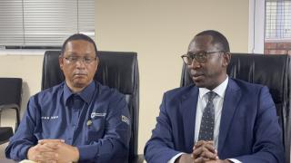 SWAKOPMUND, 19 MAR (NAMPA) - Erongo Region Governor Neville Andre Itope with Western Cape Provincial Minister of Agriculture, Economic Development, and Tourism Ivan Meyer, photographed during the announcement of an anticipated twinning agreement between the two parties. (Photo by: Isabel Bento) NAMPA