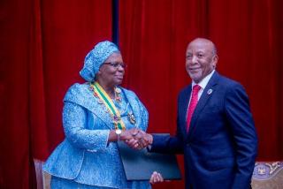 WINDHOEK, 21 March 2025 - President Netumbo Nandi-Ndaitwah pictured with her predecessor, Nangolo Mbumba, after her inauguration. (Photo: Contributed)