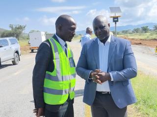 WINDHOEK, 24 March 2025 - Works and Transport Veikko Nekundi on the left with RA CEO Conrad Lutombi (Photo: Andreas Thomas) NAMPA
