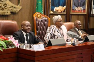 WINDHOEK, 25  March 2025 - President Netumbo Nandi-Ndaitwah, flanked by Prime Minister Elijah Ngurare and Secretary to Cabinet George Simataa (Photo by: Andreas Thomas) NAMPA 