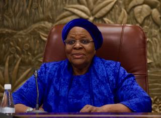 WINDHOEK, 05 April 2025 – The President of Namibia, Netumbo Nandi-Ndaitwah, while addressing members of the International Olympic Committee and the Namibia Olympic Committee at State House. (Photo by: Hesron Kapanga) NAMPA 