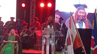 ONGWEDIVA, 16 April 2025 - Minister of Information and Communication Technology, Emma Theofelus, speaking during the 8th graduation ceremony of the University of Namibia in Ongwediva. (Photo: Maria David) NAMPA
