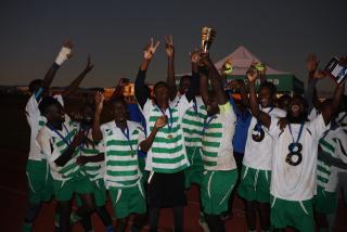 RIETFONTEIN, 04 May 2025 - The Ocean Young Deaf Football Club from Walvis Bay in the Erongo Region on Sunday afternoon celebrates their victory as champions of the 2025 National Deaf Sports Games which took place at Rietfontein Sports Stadium in the Otjozondjupa Region. (Photo by: Herson Kapanga) NAMPA